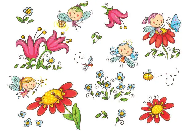 Vector illustration of Set of cartoon fairies,insects, flowers and elements, vector graphics isolated on white background