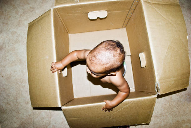 istock Playful Toddler Posing In An Empty Brown Paper Box 1030416286