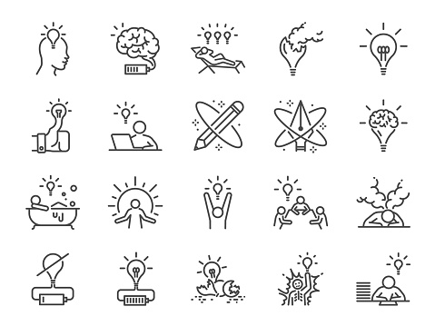 Creativity icon set. Included icons as Inspiration, idea, brain, innovation, imagination and more.