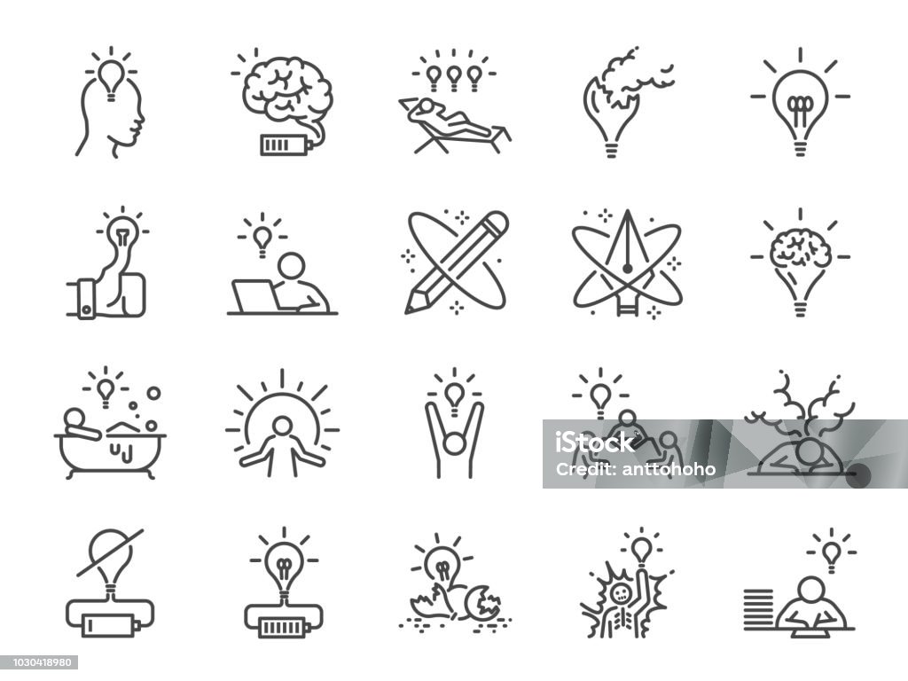 Creativity icon set. Included icons as Inspiration, idea, brain, innovation, imagination and more. Icon Symbol stock vector