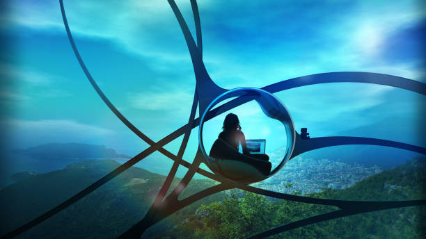 Sci-fi blogger surrounded by nature. A fantastic picture of the blogger of the future looking from his workplace to the beautiful view from the window. ecosystem stock pictures, royalty-free photos & images