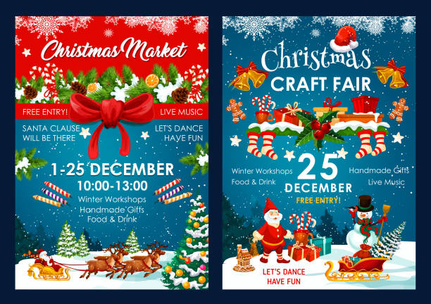 ilustrações de stock, clip art, desenhos animados e ícones de christmas fair decoration vector posters - santa claus food