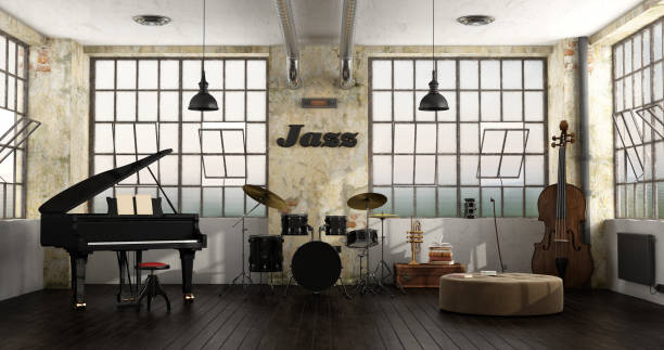 instruments de jazz dans un loft - light jazz photos et images de collection