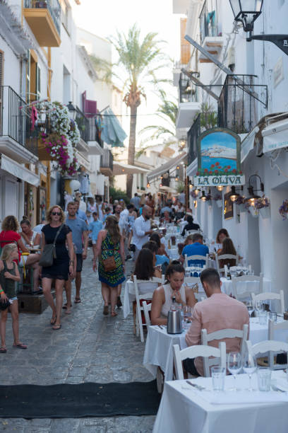 dining in the old town of ibiza, spain - ibiza town imagens e fotografias de stock