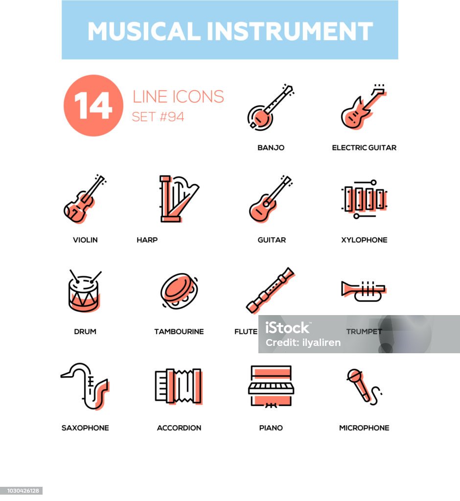 Musical instruments - modern line design icons set Musical instruments - modern line design icons set. Black pictograms. Banjo, electric guitar, violin, harp, xylophone, drum, tambourine, flute, trumpet, saxophone, accordion, piano, microphone Icon Symbol stock vector