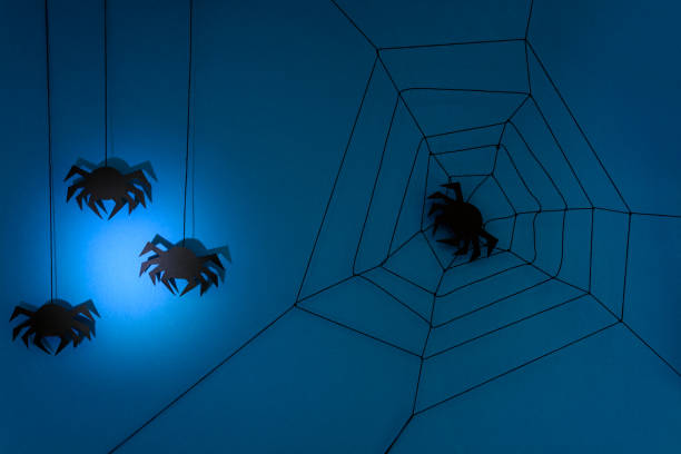istock Black paper spider with web on dark blue background. Halloween concept. Paper cut style. Top view 1030434634