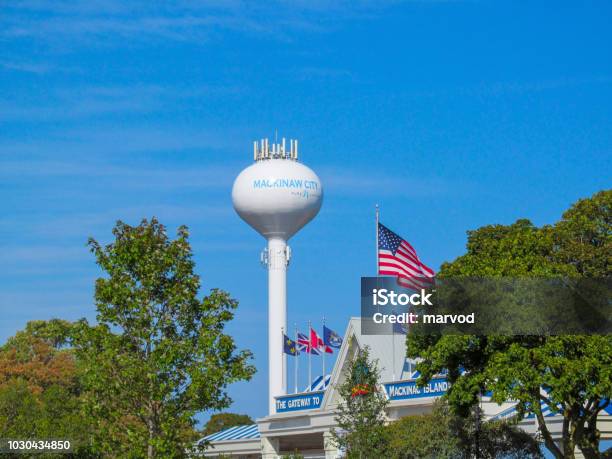 Watertower American Flag And Green Trees Stock Photo - Download Image Now - American Flag, Architecture, Backgrounds