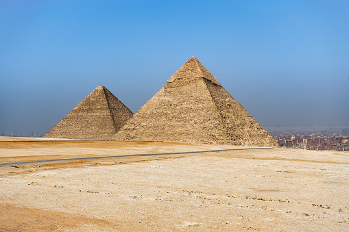 The Pyramids of Giza, the last surviving Wonders of the Ancient World, situated in Cairo, Egypt.