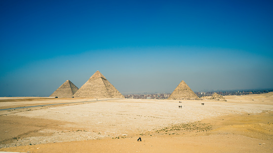 The mysterious old legacy of ancient Egypt - the Greatest wonder of the world, the Egypt pyramids and the stone Sphinx on the Giza plato in endless sands of the Sahara desert