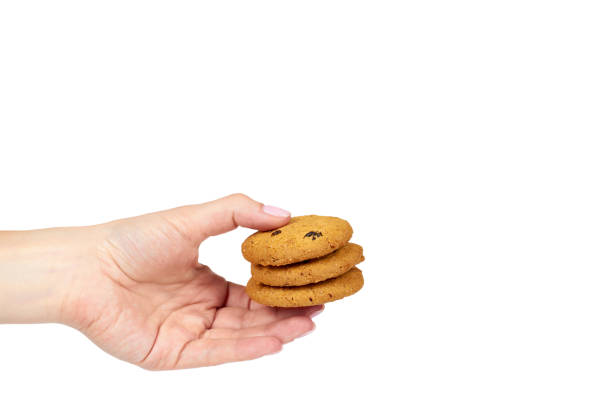 istock Home made oragnic chocolate chips cookies with raisins in hand. Isolated on white background, copy space template 1030438606