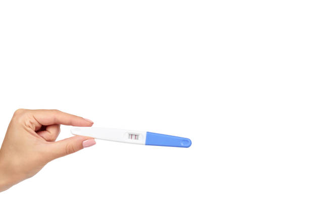 肯定的な妊娠検査は手に孤立した白い背景、2 つのライン、コピー スペース テンプレートです。 - pregnancy test human pregnancy two objects isolated ストックフォトと画像
