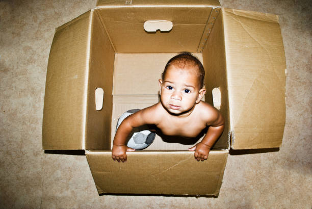 istock Playful Toddler Posing In An Empty Brown Paper Box 1030445880