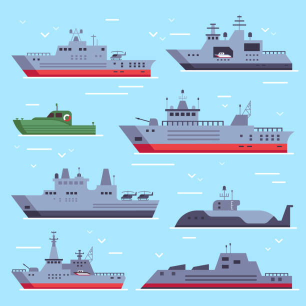 illustrazioni stock, clip art, cartoni animati e icone di tendenza di barche militari piatte. navi da battaglia della marina, barca di sicurezza da combattimento in mare e arma da battaglia. collezione vettoriale nave da guerra navale - battleship