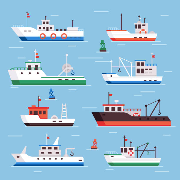 ilustrações, clipart, desenhos animados e ícones de barcos de pesca plana. navios de pesca comercial, coleção de vetores de barco de navio e fisher de indústria de frutos do mar - trawler
