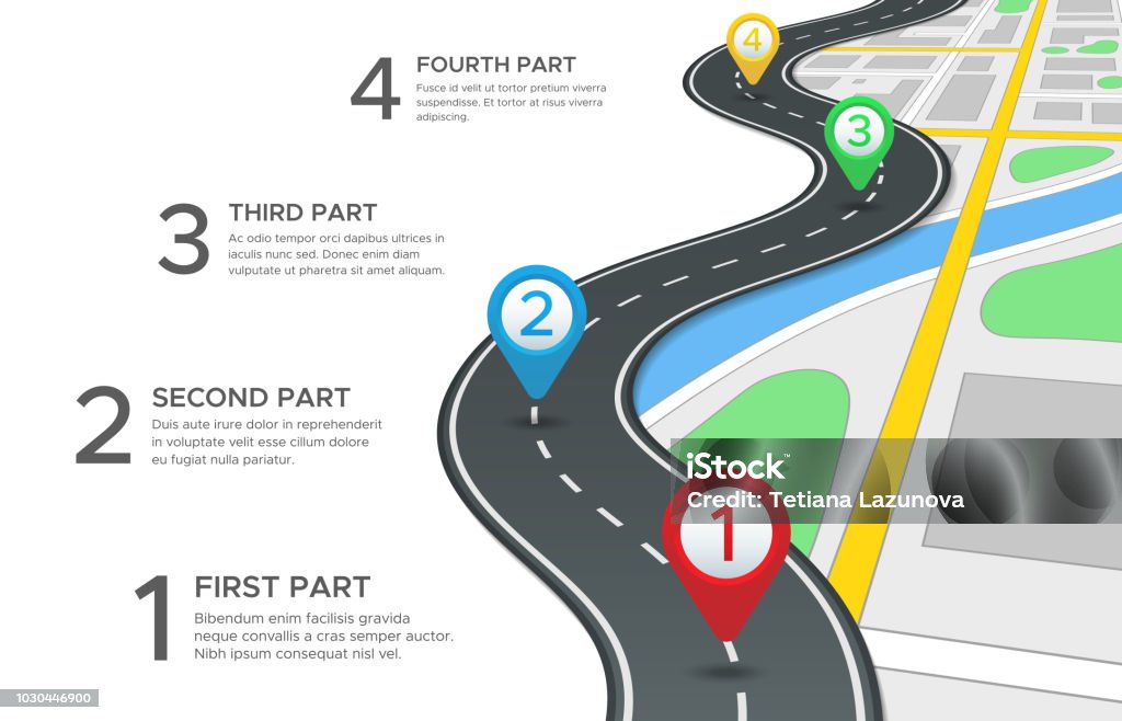 Highway road infographic. Street roads map, gps navigation way path and town journey pin directions sign 3d vector concept Highway road infographic. Street roads map, gps navigation way path direction and town journey route pin directions gps navigate blank asphalt highways marker sign 3d vector concept Road stock vector