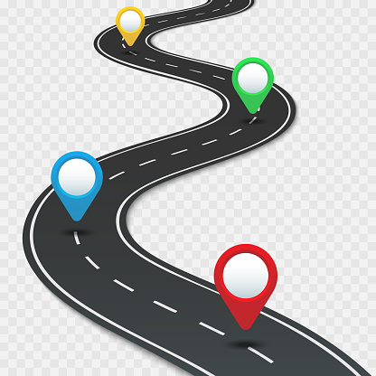 Highway roadmap with pins. Car road direction, gps route pin road trip navigation and asphalt roads business way direction infographic, marker transportation vector illustration