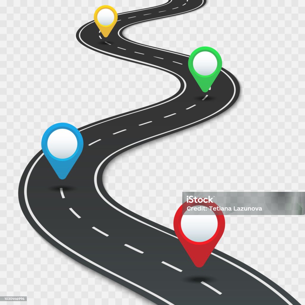 Highway roadmap with pins. Car road direction, gps route pin road trip navigation and roads business infographic vector illustration Highway roadmap with pins. Car road direction, gps route pin road trip navigation and asphalt roads business way direction infographic, marker transportation vector illustration Road Map stock vector