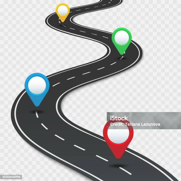 Highway Roadmap With Pins Car Road Direction Gps Route Pin Road Trip Navigation And Roads Business Infographic Vector Illustration Stock Illustration - Download Image Now