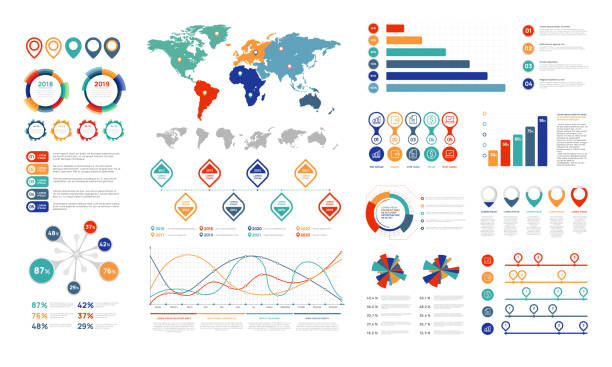 Flat infographic elements. Presentation chart element, percent graph banner and infograph flowchart. Charts for infographics vector set Flat infographic elements. Presentation chart element, percent infochart business graph banner, diagram and infograph flowchart. Charts for infographics vector isolated symbols set time series graph stock illustrations