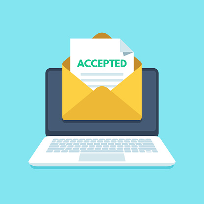 Accepted email in envelope. College accept, acceptance success or university admission receiving agree letter. Mail recruitment job success in laptop inbox flat vector illustration