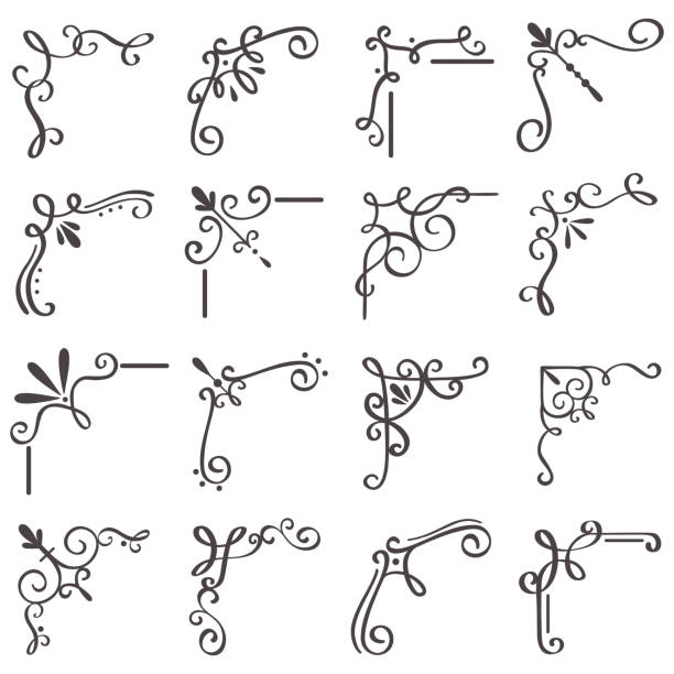 illustrations, cliparts, dessins animés et icônes de coins de volutes décoratives. défiler vers le coin, des formes ornement décoratif faire tourbillonner ou cadre vintage élégant frontière design set vector - drawing scroll shape frame vector