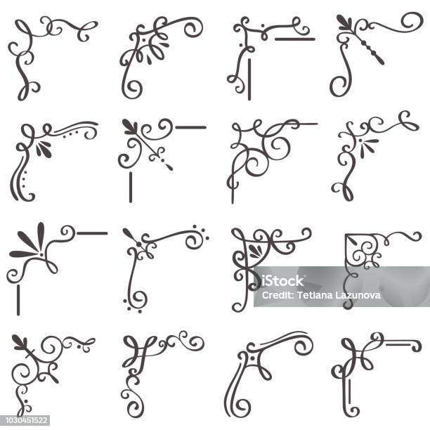 Decorative Swirls Corners Scroll Corner Decorative Ornament Swirl Shapes Or Elegant Vintage Frame Border Design Vector Set Stock Illustration - Download Image Now