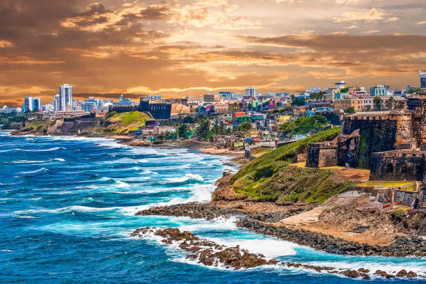 Rocky Coast of Puerto Rico The rocky coast of Puerto Rico at El Morro san juan stock pictures, royalty-free photos & images