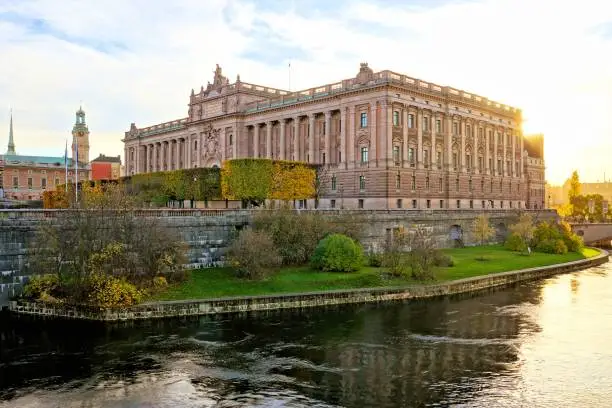 View of the Swedish Parliament building, the Riksdag and old town near sunset during autumn