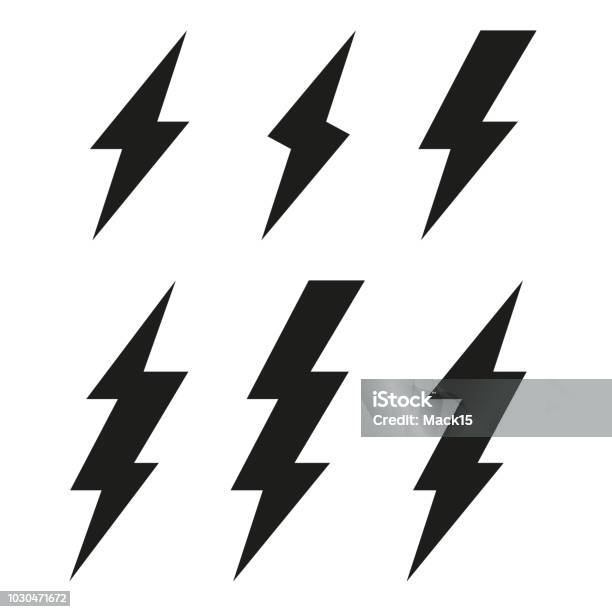 Lightning Bolt Ikoner Thunderbolt Vektor Set-vektorgrafik och fler bilder på Ikon - Ikon, Elektricitet, Kraftledning
