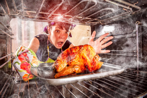 Funny Housewife perplexed and angry. Loser is destiny! Funny Housewife overlooked roast chicken in the oven, so she had scorched (focus on chicken), view from the inside of the oven. Housewife perplexed and angry. Loser is destiny! Thanksgiving Day. funny thanksgiving stock pictures, royalty-free photos & images