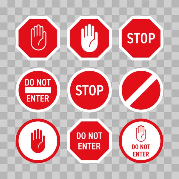 Vector illustration of Stop road sign with hand gesture. Vector red do not enter traffic sign. Caution ban symbol direction sign. Warning stop sign for traffic information message isolated on transparent background