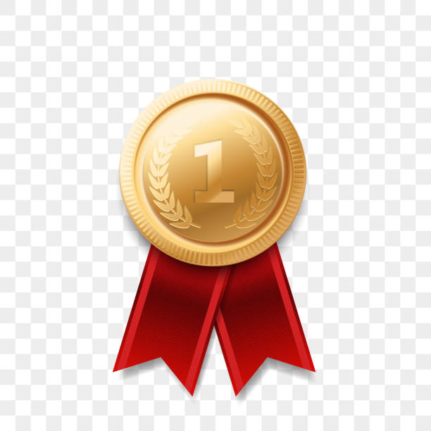 ilustrações de stock, clip art, desenhos animados e ícones de 1 winner golden medal award with ribbon vector realistic icon isolated on transparent background. number one 1st place or best victory champion prize award gold shiny medal badge - gold medal