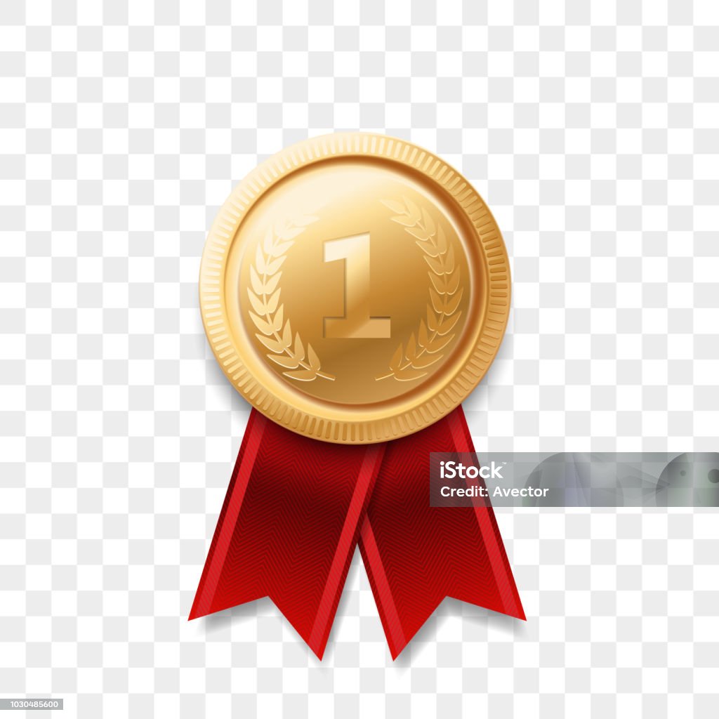 1 winner golden medal award with ribbon vector realistic icon isolated on transparent background. Number one 1st place or best victory champion prize award gold shiny medal badge Number 1 stock vector