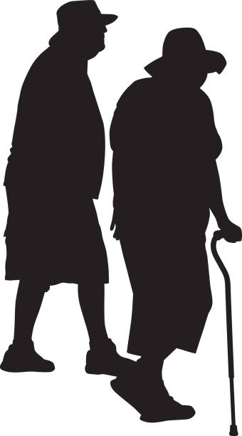 ilustraciones, imágenes clip art, dibujos animados e iconos de stock de caminando la silueta de las personas mayores - senior couple isolated white background standing