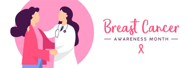 Breast Cancer Awareness health concept banner Breast Cancer Awareness web banner illustration of doctor checkup with woman patient in pink colors, health care and prevention concept. EPS10 vector. cancer illness illustrations stock illustrations