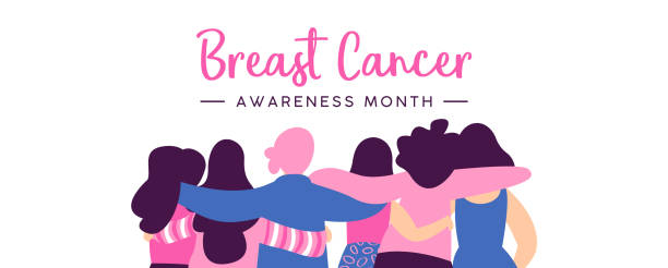 Breast Cancer Awareness banner of women friend hug Breast Cancer Awareness month web banner of diverse women friend group hugging together for help and support, girl team hug concept. EPS10 vector. breast cancer awareness stock illustrations