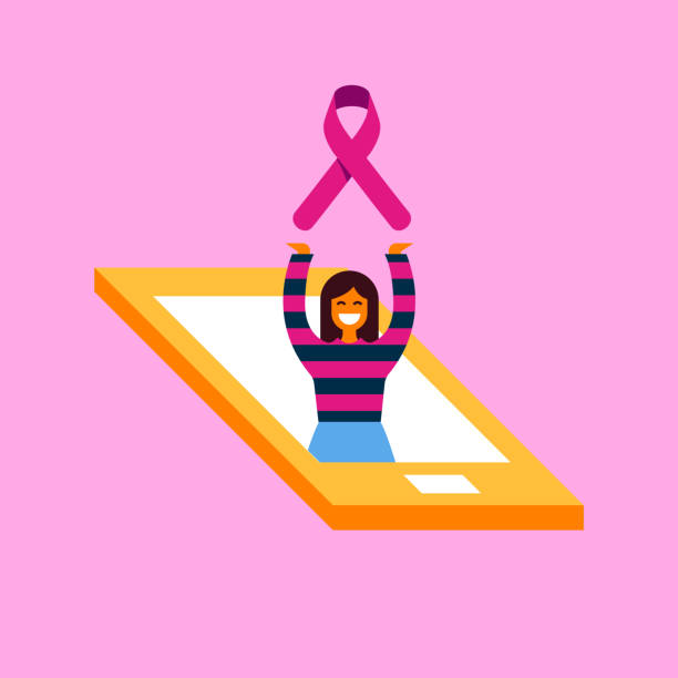 Breast Cancer Care phone concept for phone app Breast Cancer Awareness illustration of woman with pink ribbon inside mobile phone for health and support concept, social media charity or online help. EPS10 vector. breast cancer symbol for facebook stock illustrations