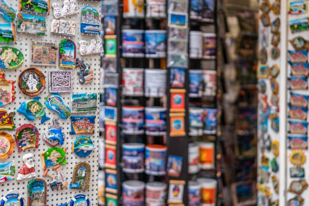 Cetinje, Montenegro - April 2018 : Display with souvenir fridge magnets from Montenegro for sale