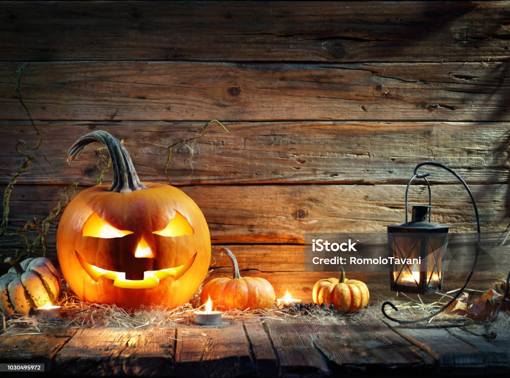 Halloween Pumpkins In Rustic Background With Lantern Jack O' Lantern On Wooden Table With Lantern Halloween Stock Photo