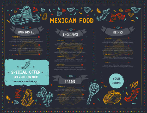 メキシコ料理レストランのメニューのテンプレート デザインでは、唐辛子、ソンブレロ、タコス、ナチョ、ブリトーのアイコンをスケッチします。プロモーション、サイトのバナーの黒板食 - chef food cooking sandwich点のイラスト素材／クリップアート素材／マンガ素材／アイコン素材
