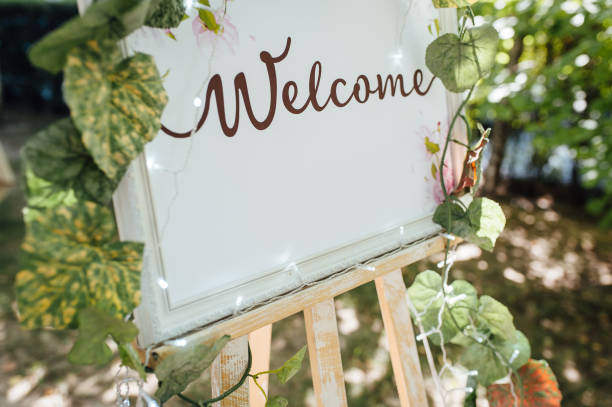invitation for guests for a wedding ceremony invitation for guests for the wedding ceremony in the garden art name plates stock pictures, royalty-free photos & images