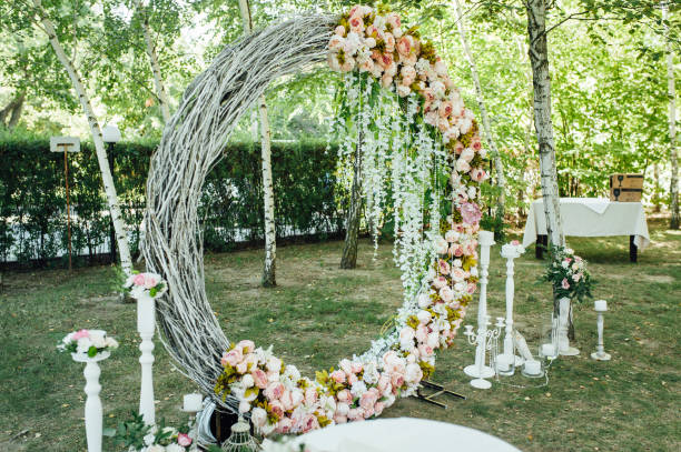 istock wedding arch and chairs on the grass in the park. 1030499700