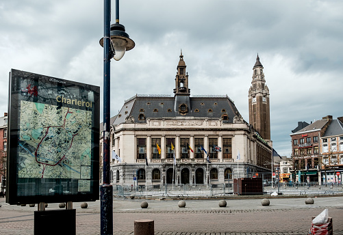 Panoramic view over the city of Groningen in The Netherlands from the Forum cultural center with a dramatic sky above.