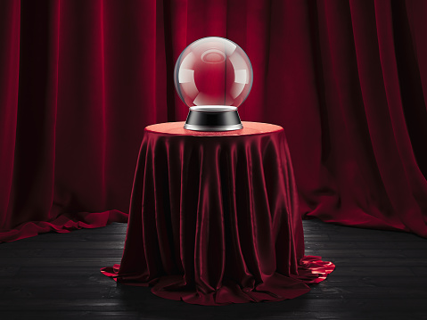 Realistic magic ball fortune teller on the table covered red cloth, 3d rendering.