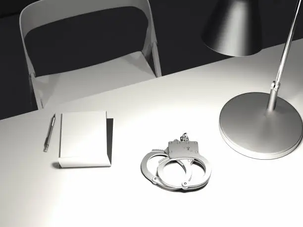 Close up of table with switched-on lamp, handcuffs and paper sheet above in dark interrogation room, 3d rendering.