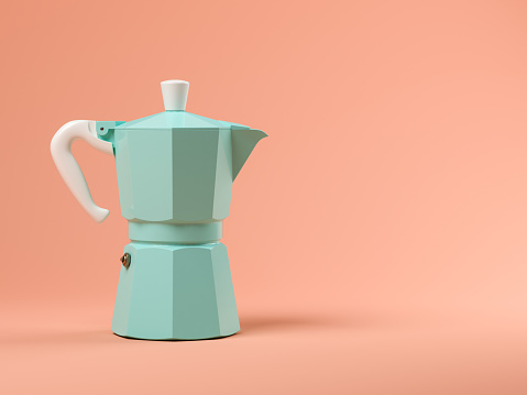 Blue coffeepot on pink background 3D illustration