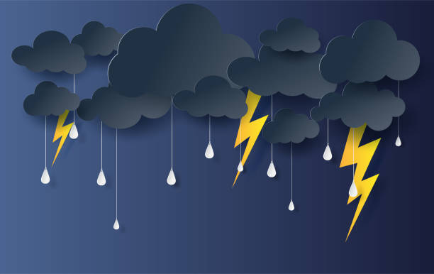 illustrations, cliparts, dessins animés et icônes de papier d’artisanat style de saison des pluies cloud et de la foudre noire sur fond sombre. effets de la tempête flash outdoors.vector.illustration forme de thunder - storm cloud storm lightning cloud