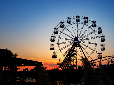 Ferris wheel in sunset.  Big wheel with cabins. Circle construction to beautiful panoramatic view. Summer  amusement ride for enjoy holidays.