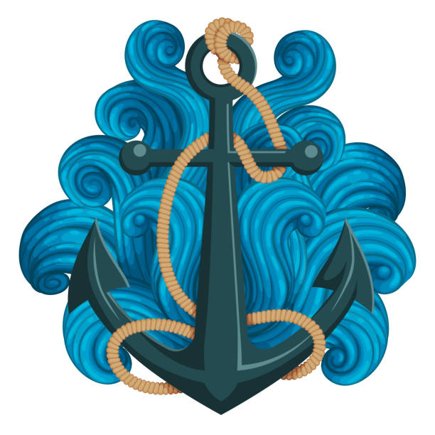 ilustrações de stock, clip art, desenhos animados e ícones de anchor and rope with waves isolated on white background. marine icon, label, t-shirt design. - nautical vessel pattern rope tattoo