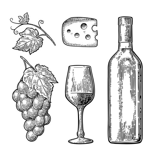 Wine set. Bottle, glass, cheese, bunch of grapes Wine set. Bottle, glass, cheese, bunch of grapes with berry and leaf. Vintage color engraved vector illustration isolated on white background. For label poster, web. uncork wine stock illustrations